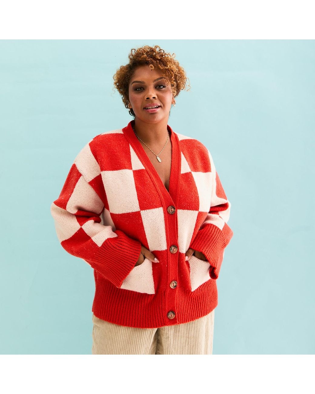 Cara & The Sky Red Candice Checked Wide Sleeve Cardigan