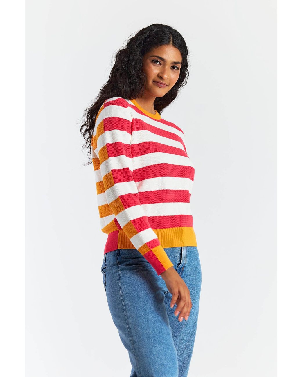 Brodie Cashmere Red Mesh Stripe Crew