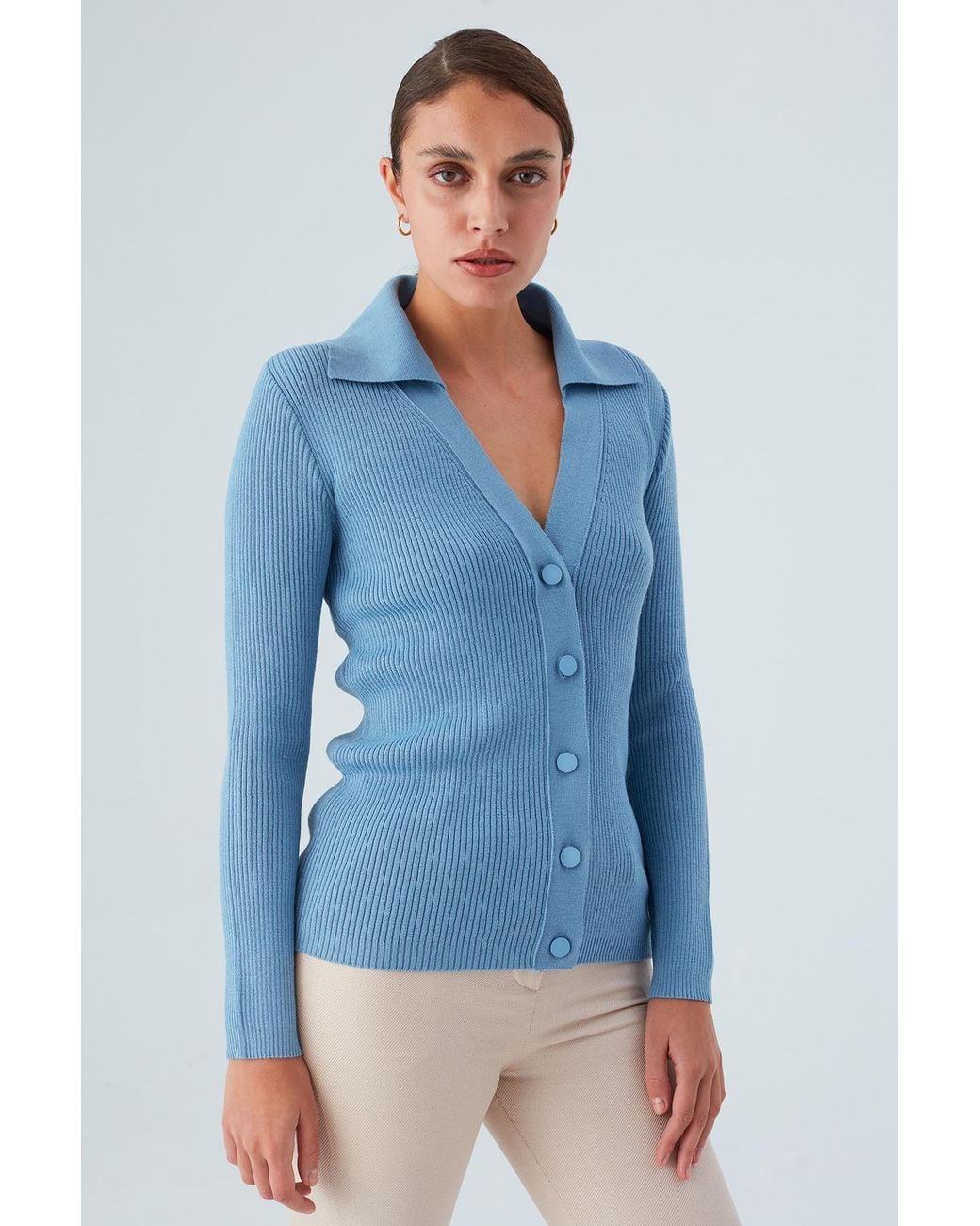 Peraluna Blue Polo V-Neck Ribbed Knit Cardigan