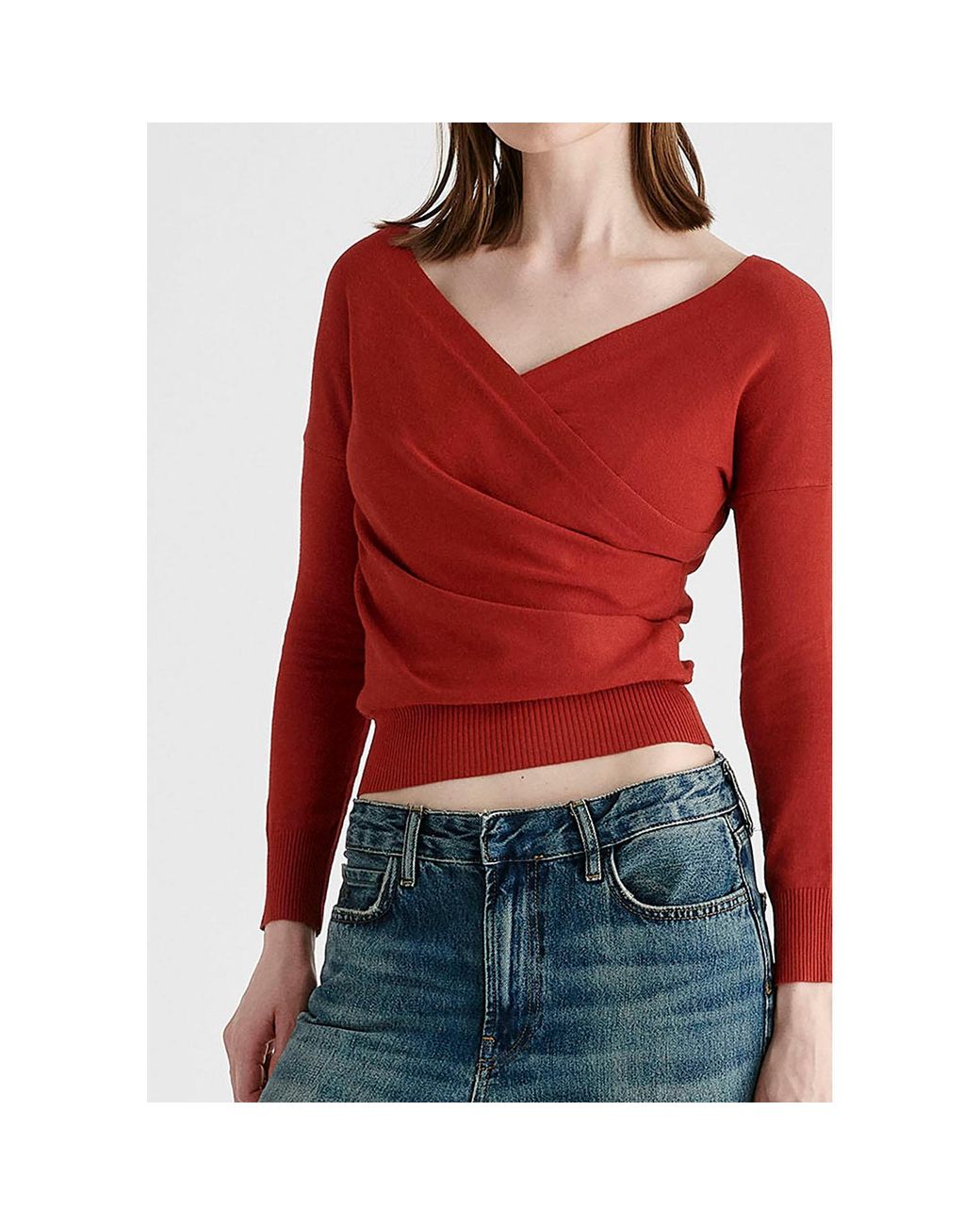 Paisie Red Knitted Wrap Top With Long Sleeves