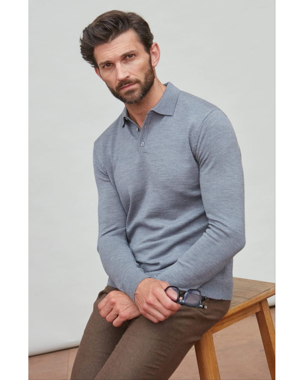 Paul James Knitwear Blue Extra Fine Merino Wool Turner Long Sleeve Polo Shirt for men
