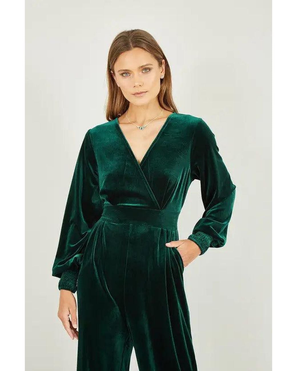 Yumi' Green Velvet Long Sleeve Jumpsuit