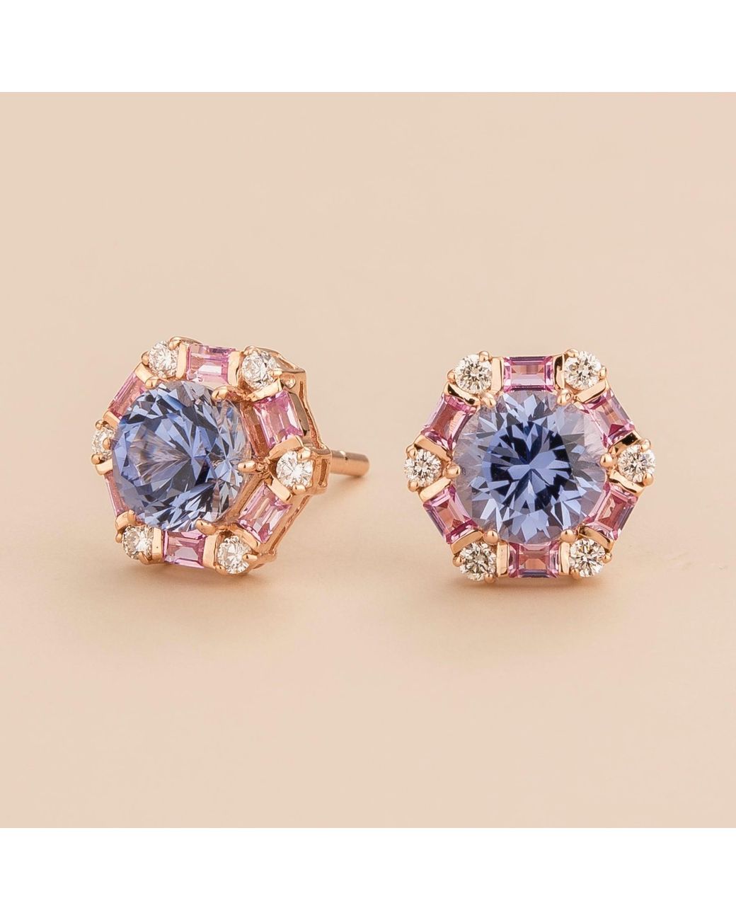 Juvetti Melba Earrings In Ceylon Blue Sapphire, Pink Sapphire & Diamond