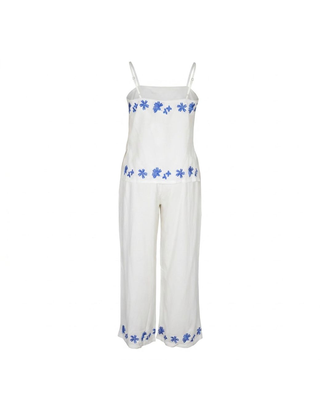 Modenaire White Floral Embroidered Two-Piece Set With Camisole And Wide-Leg Pants