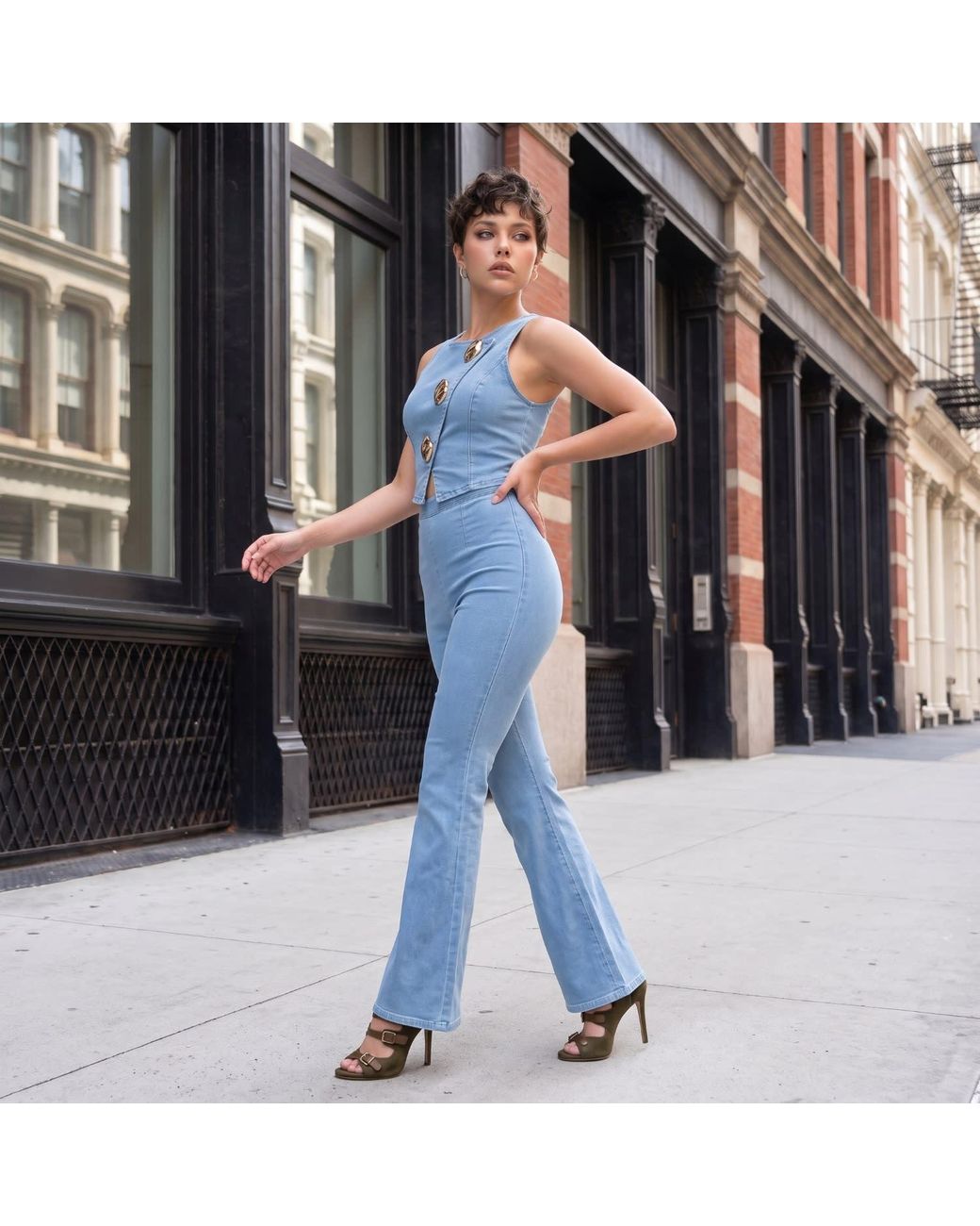 Modenaire Blue Tailored Denim Vest And Wide Leg Trouser Set