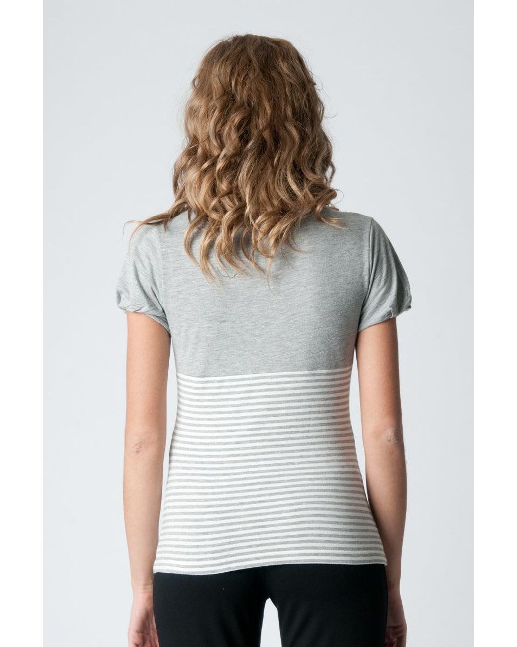 Conquista Gray Striped Short Sleeve Top