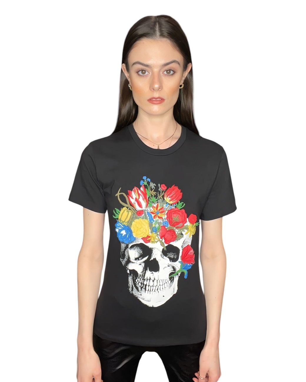Any Old Iron Black Skull Bouquet Embroidered T-Shirt