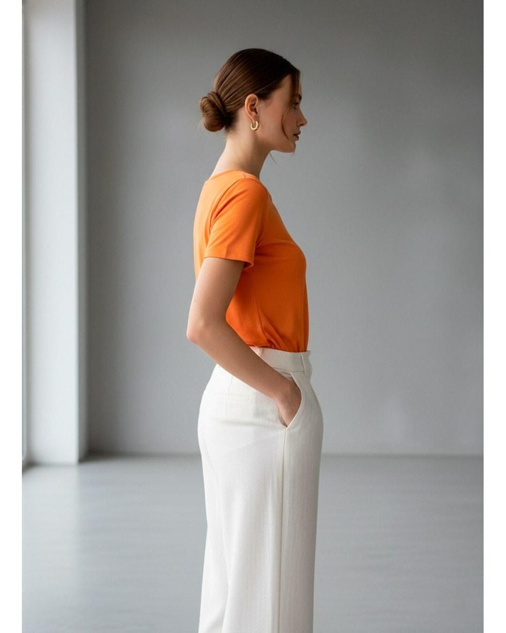 Conquista Orange Scoop-Neck Cotton T-Shirt With Studded Detail