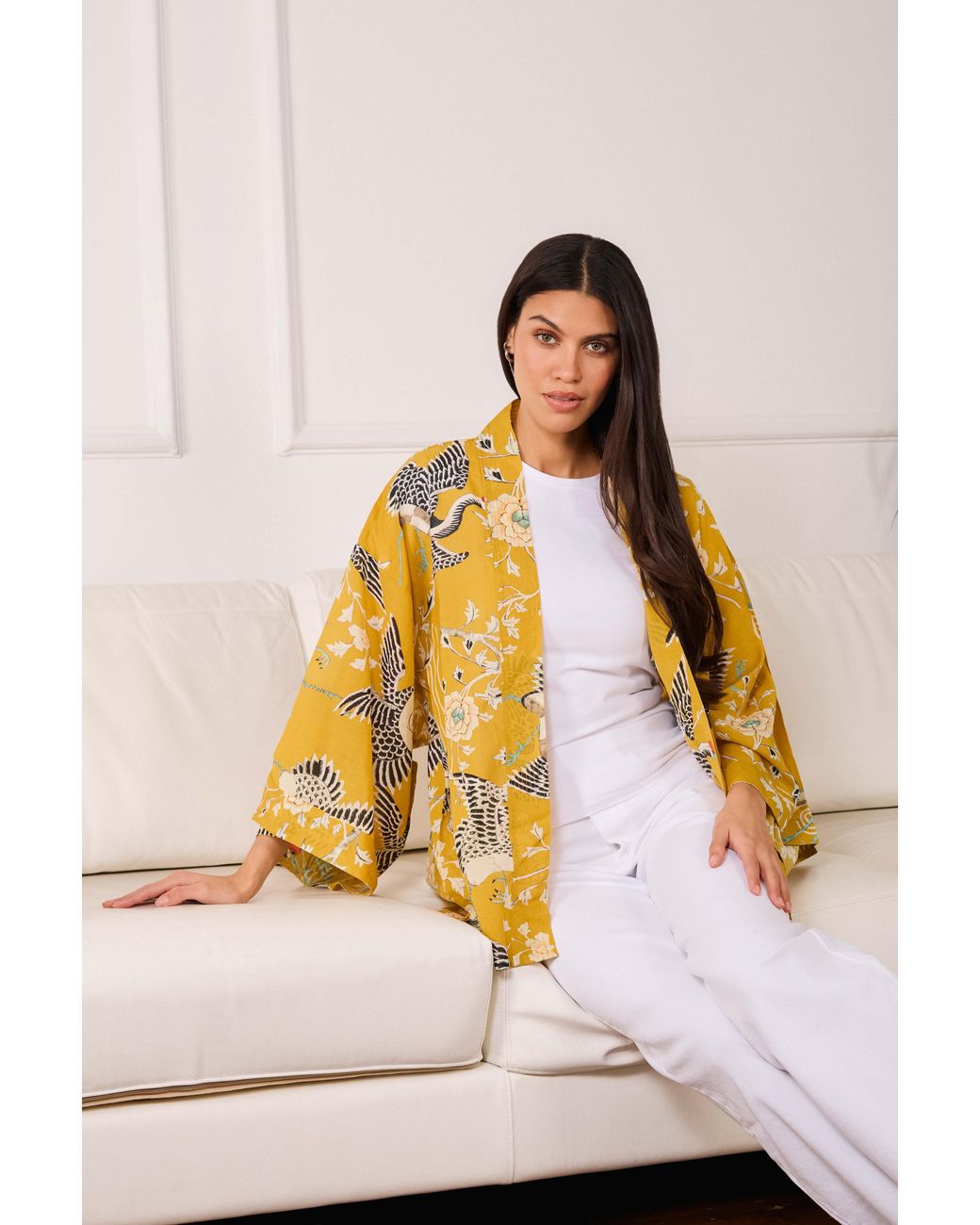 Artemis Muse Yellow Mustard Dynastic Bird Print Light Weight Kimono
