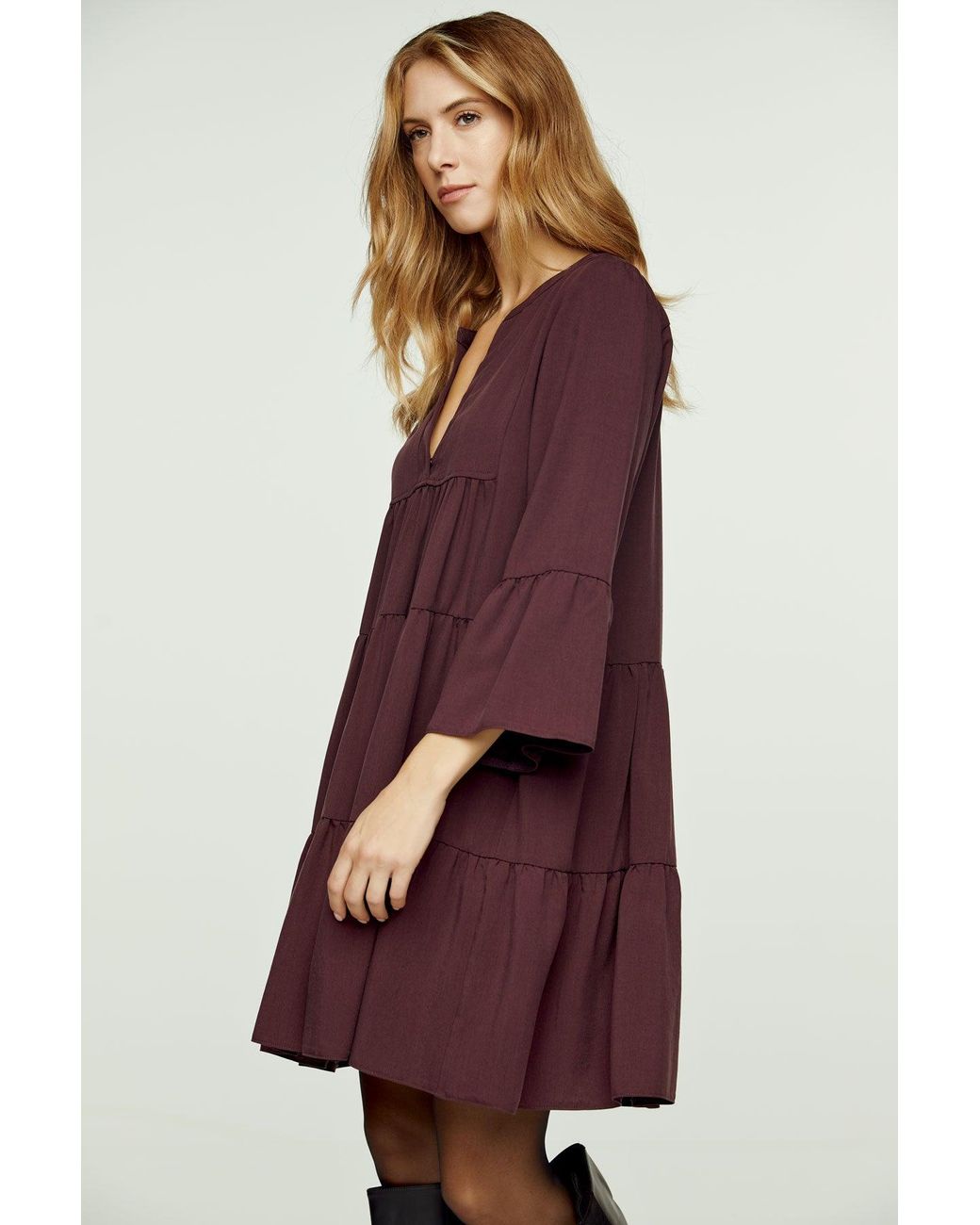 Conquista Purple Dark Burgundy Tencel Gathered Seams Dress
