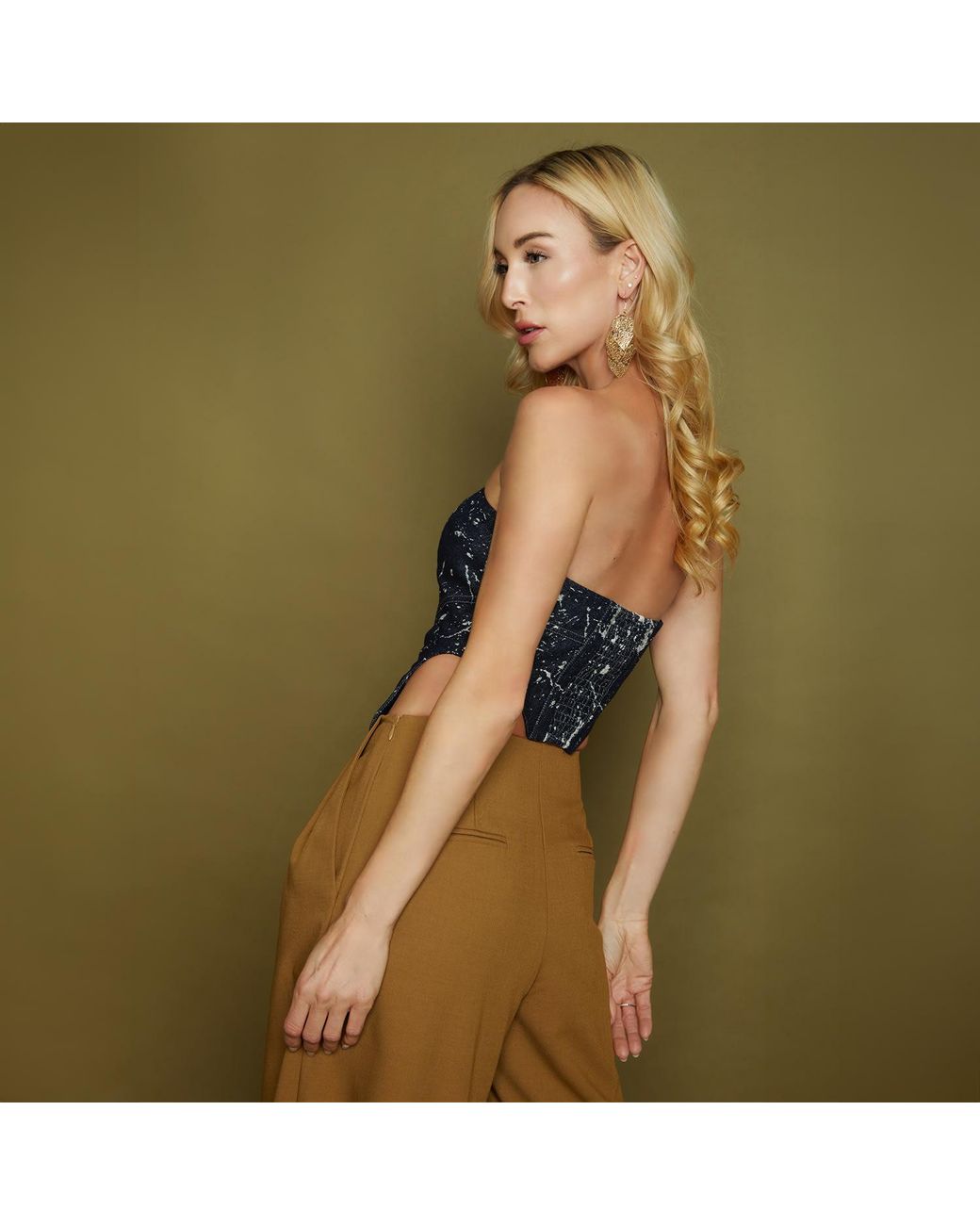 Solgo Atelier Blue Laura Embellished Denim Strapless Bustier With Stylized Cuts And Center Back Smocking Detail