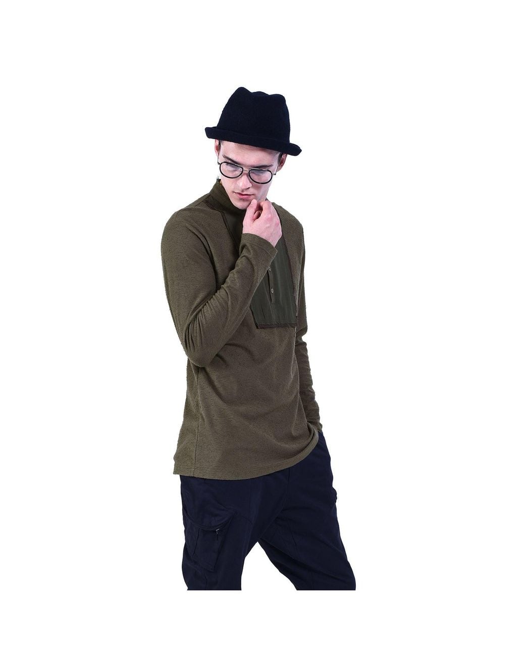 Smart and Joy Green Long-Sleeves T-Shirt With Topstitched Bib And High Collar for men