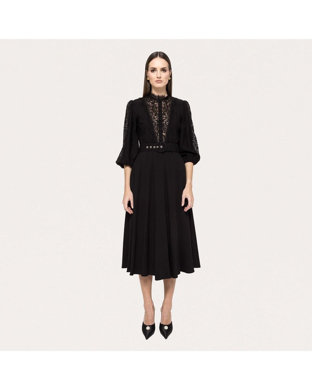 Nissa Black Lace-Insert Viscose Midi Dress