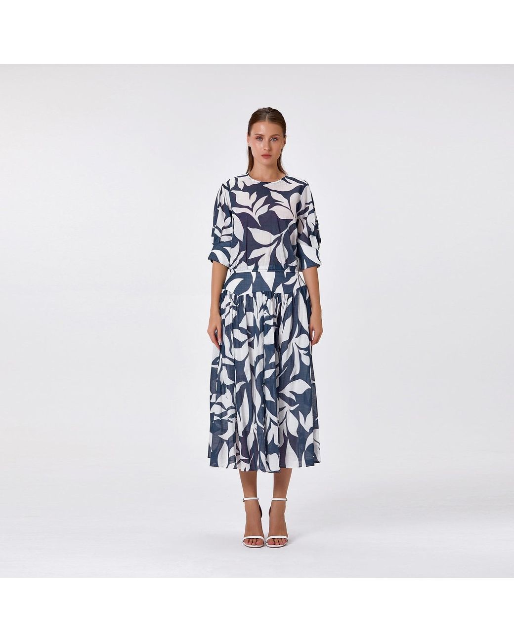 Smart and Joy Blue Midi Cotton Skirt With Leaf Print