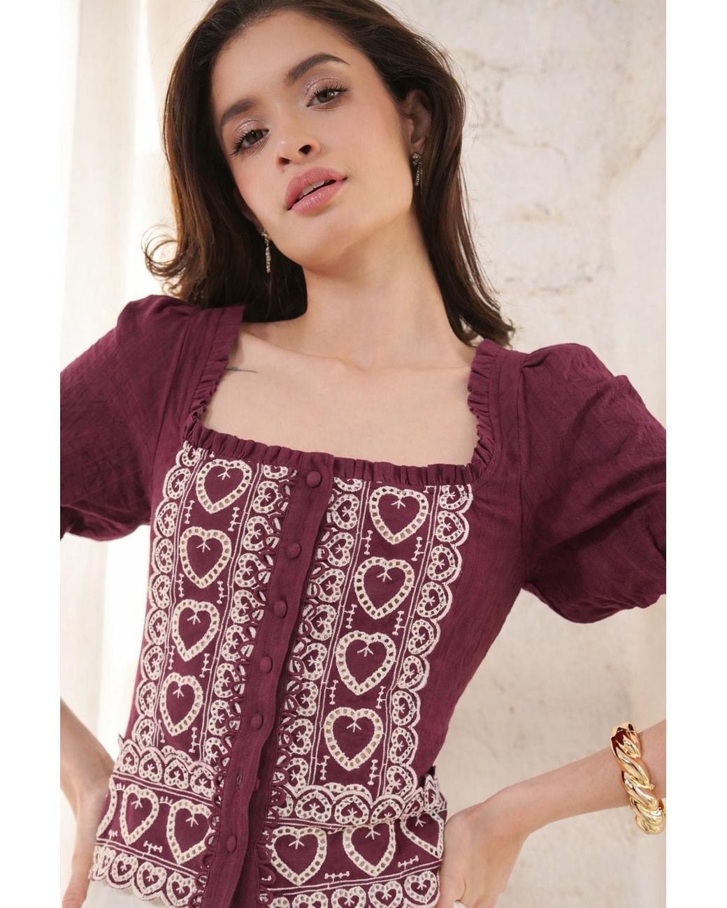 Rose & Nancy Red Harri Heart Burgundy Short Sleeve Top