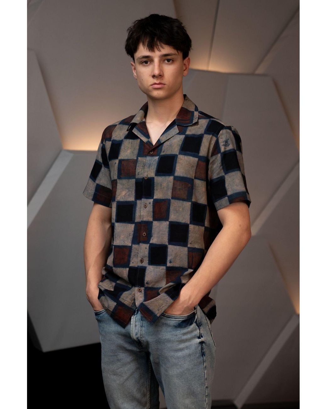 Stovaria Black Camp Collar Half Sleeve Organic Cotton Shirt With Natural Dye Handblock Squares for men