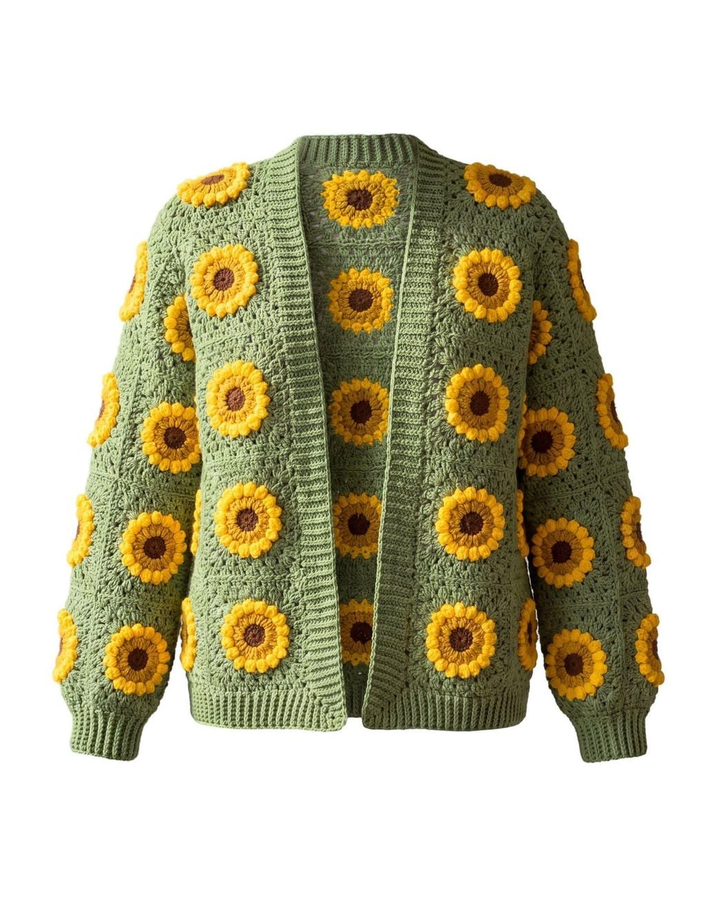 Ana Chic Yellow Sage Sunflower Granny Square Handmade Crochet Cardigan