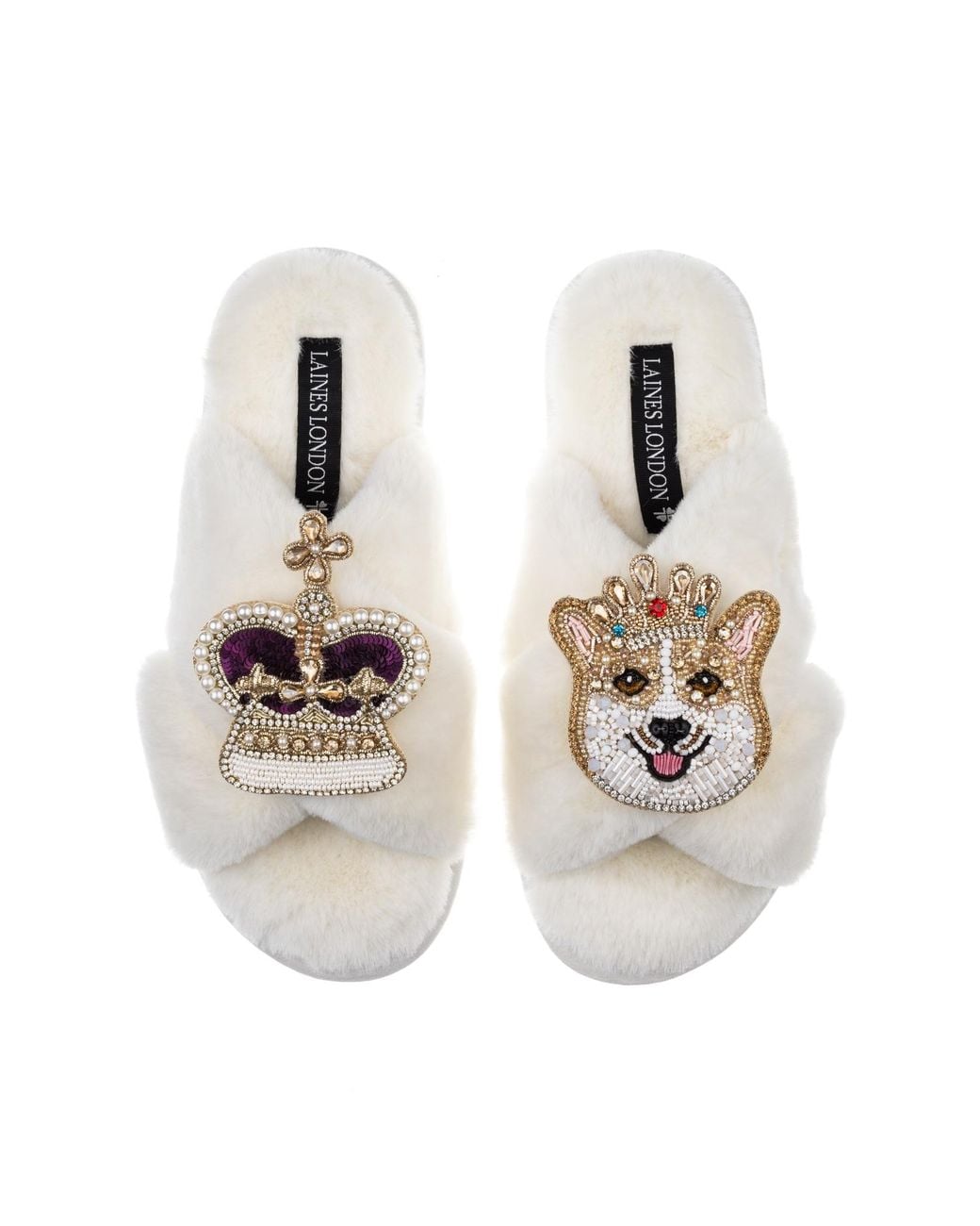 Laines London Metallic Classic Laines Slippers With Artisan Sandy The Corgi & Royal Crown Brooches