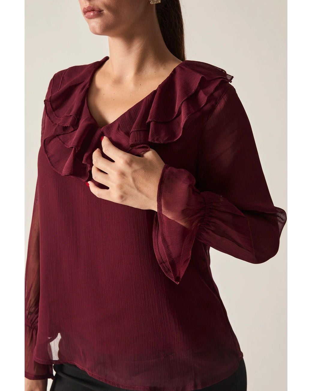 James Lakeland Red Burgundy Sheer-Sleeve Ruffle Blouse