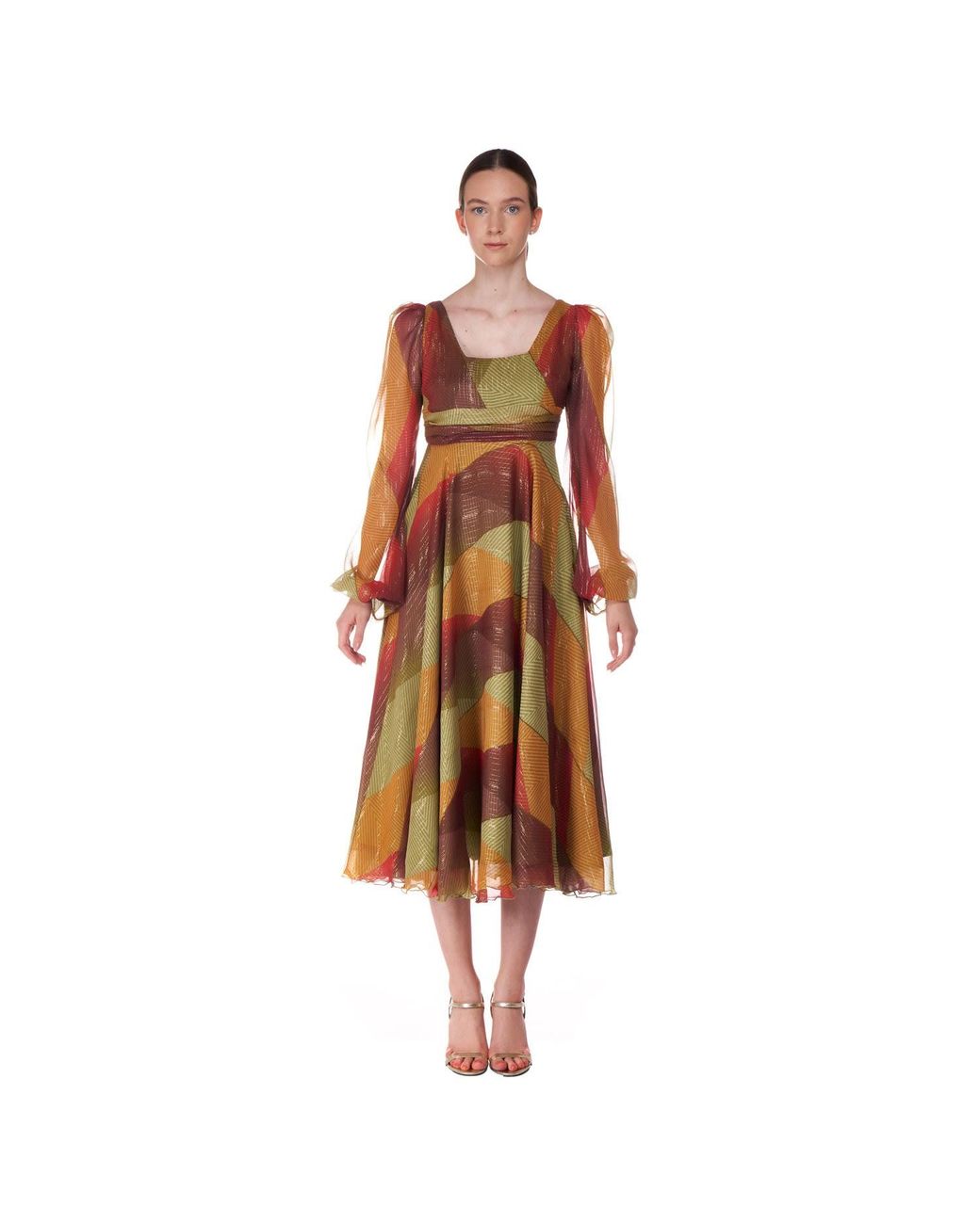 Sofia Tsereteli Brown Long Silk Dress In Multicoloured Patch