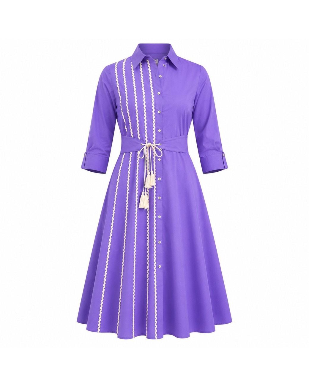 IZABELA MANDOIU Purple Premium Cotton Shirt Dress With Contrast Ric Rac Detailing & Tassel Waist Tie