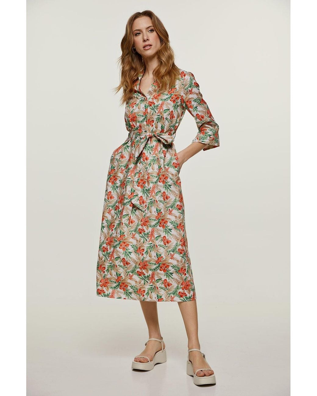 Conquista Metallic Print Poplin Style Midi Dress