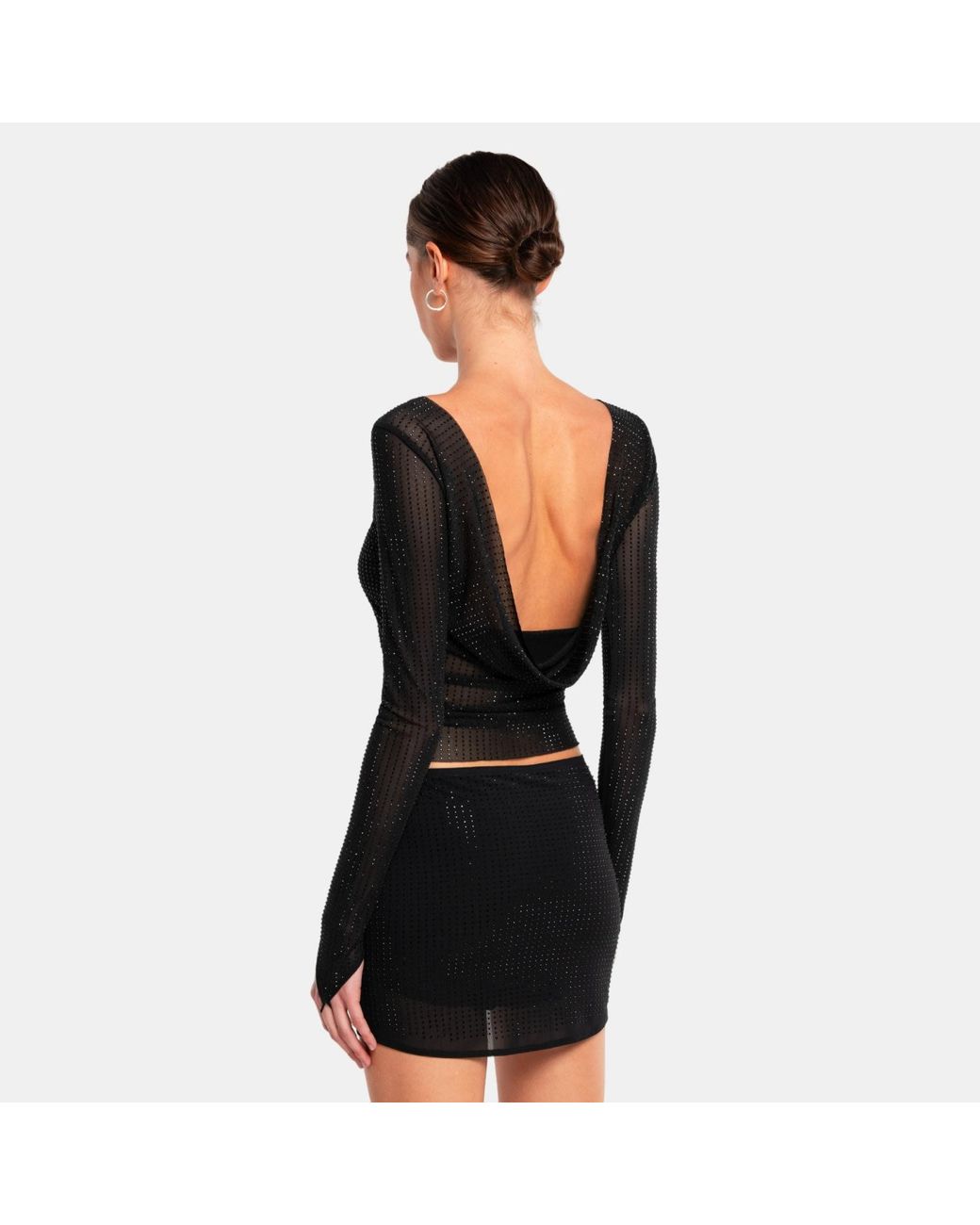 OW Collection Black Mesha Open Back Rhinestone Blouse