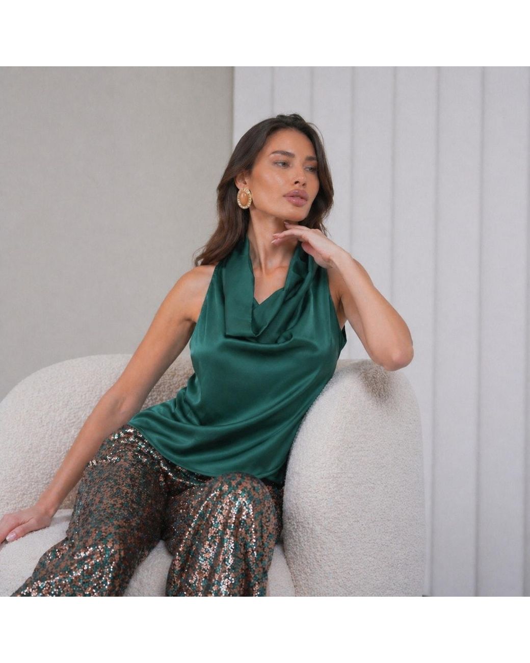 Lumina Eligma Green Cascade Silk Cowl Top