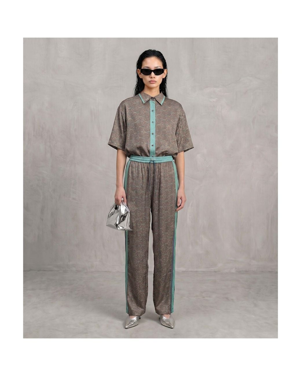 Monzlapur New York Gray Paisley Motif Pant With Stripe- Mint