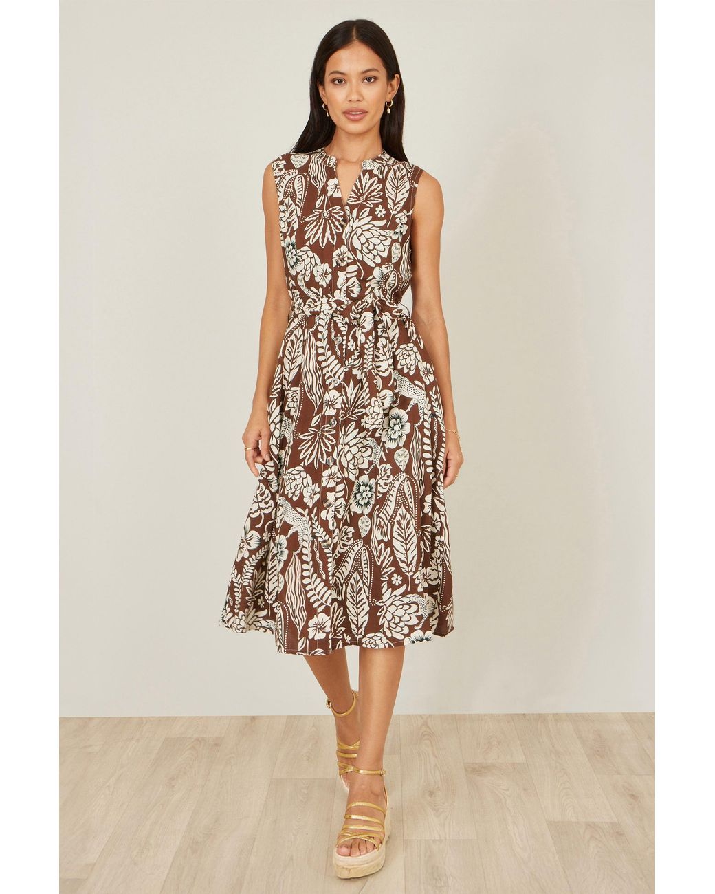 Yumi' Brown Leaf Print Shirt Dress