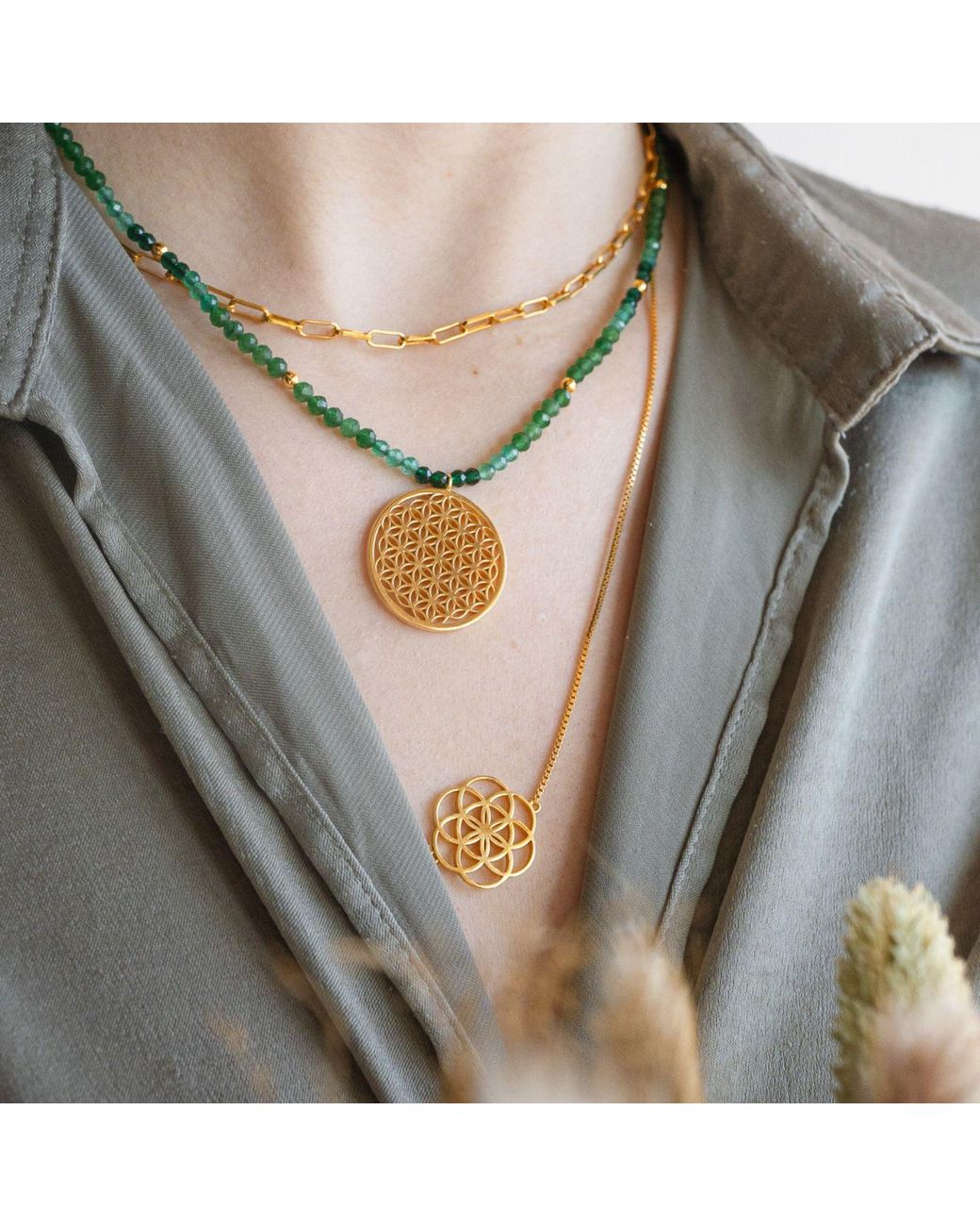 Seven Saints Metallic Joy And Prosperity Flower Of Life Necklace, Aventurine, Spinel, Chrysoprase, All Gender
