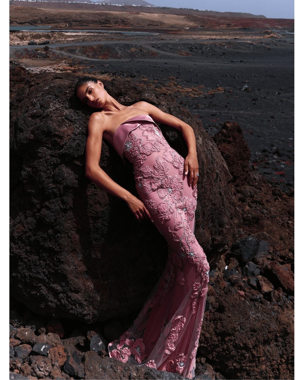 Miss Circle New York Purple Raphaela Dusty Beaded Floral Strapless Mermaid Maxi Dress