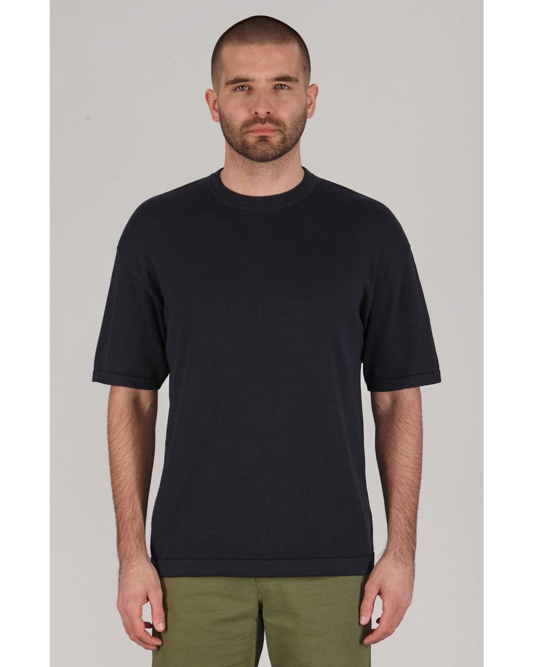 Paul James Knitwear Blue Lightweight Cotton Ewan Oversized Knitted T-Shirt for men