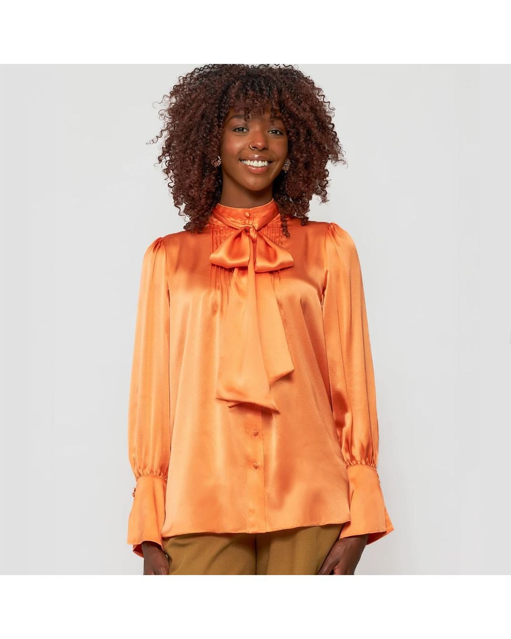 Solgo Atelier Blue Phaius Bow Tie Silk Charmeuse Blouse