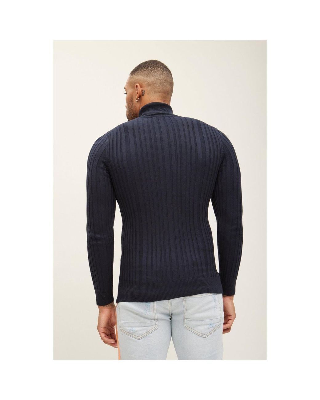 Ron Tomson Blue Roll Neck Ribbed Sweater for men