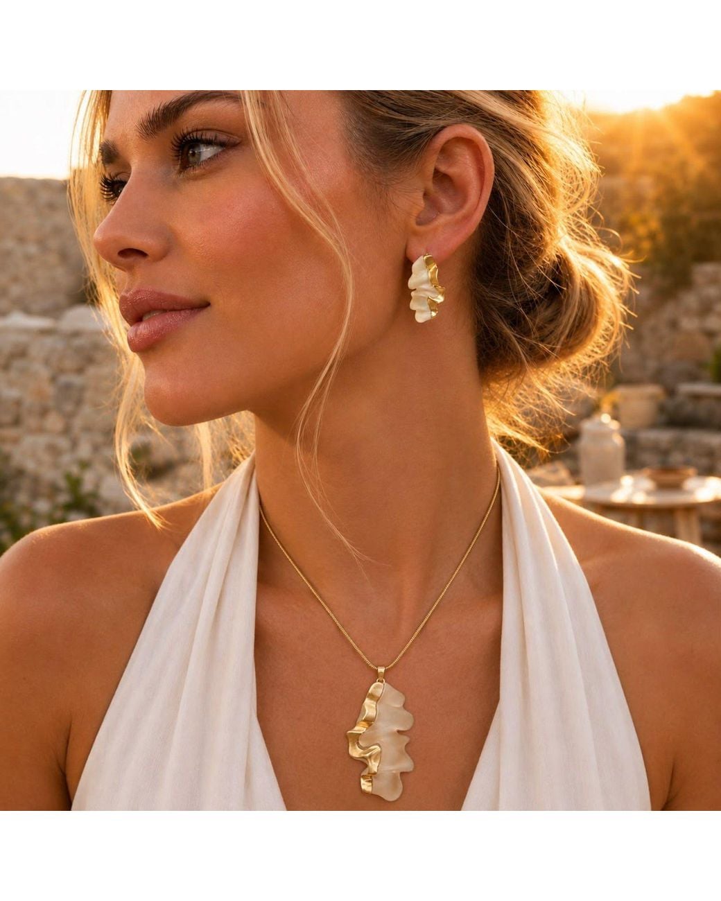 By Ozge Metallic Ocean Whisper Pearl Effect Plated Stud Earrings