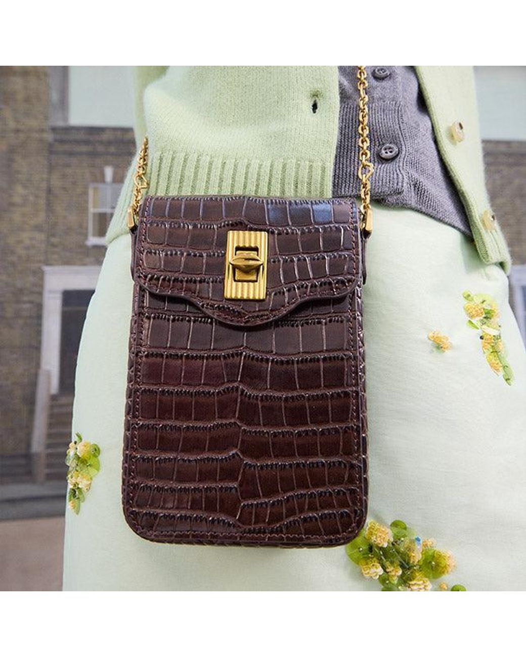 Lulu Guinness Brown Chocolate Croc Rita Crossbody Bag
