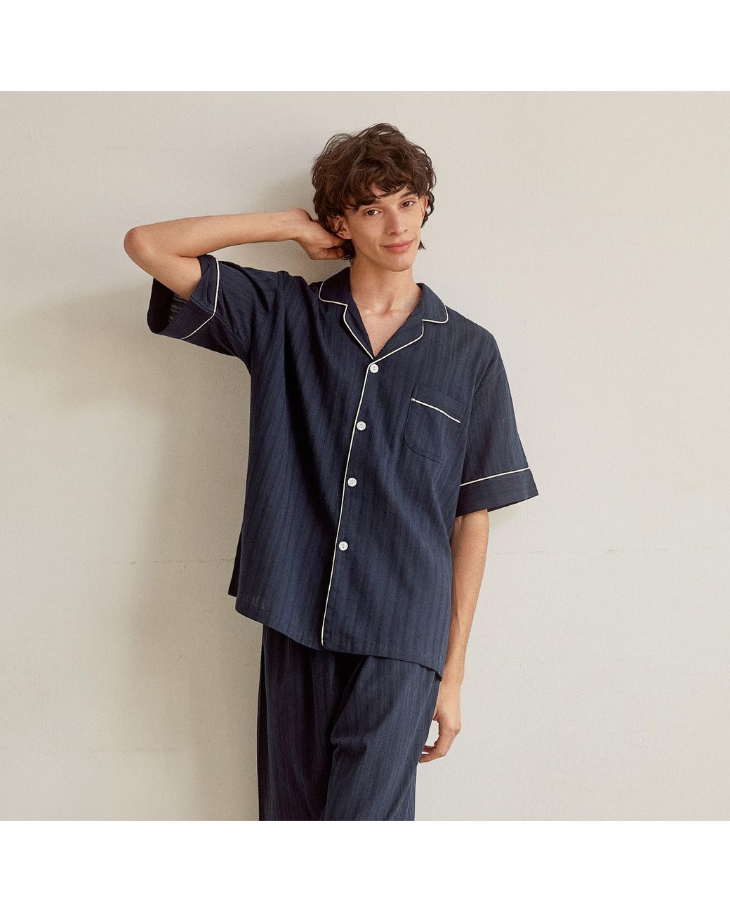 Luna Luz Blue Le Blanc Textured Cotton Short-Sleeve Pajama Set – for men