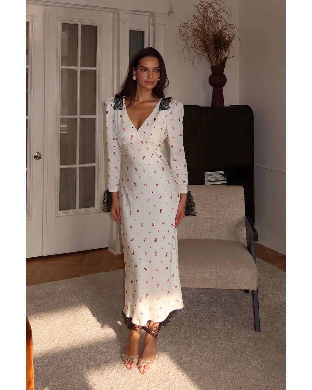 POST MERIDIEM White Floral Fitted Midi Dress With Lace
