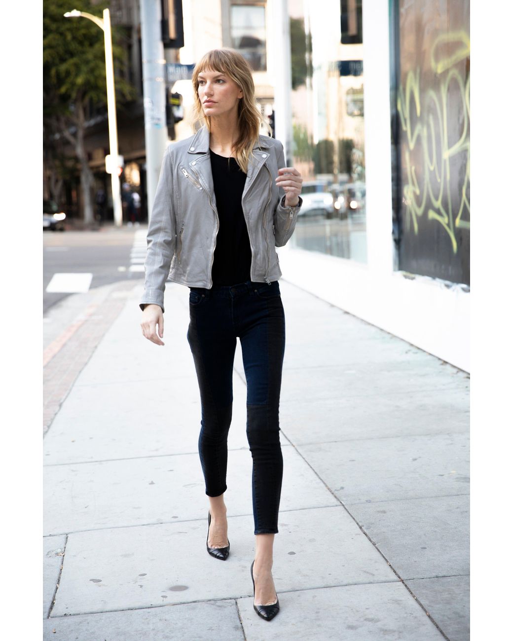 Mauritius Gray Moto Leather Jacket Sofia