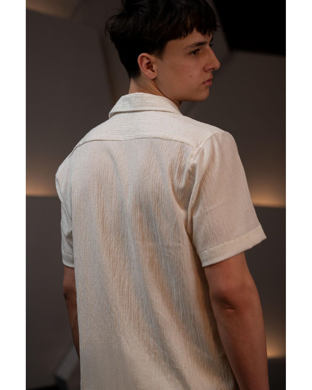Stovaria Natural Camp Collar Half Sleeve Crushed Cotton Shirt With Coconut Shell Buttons for men