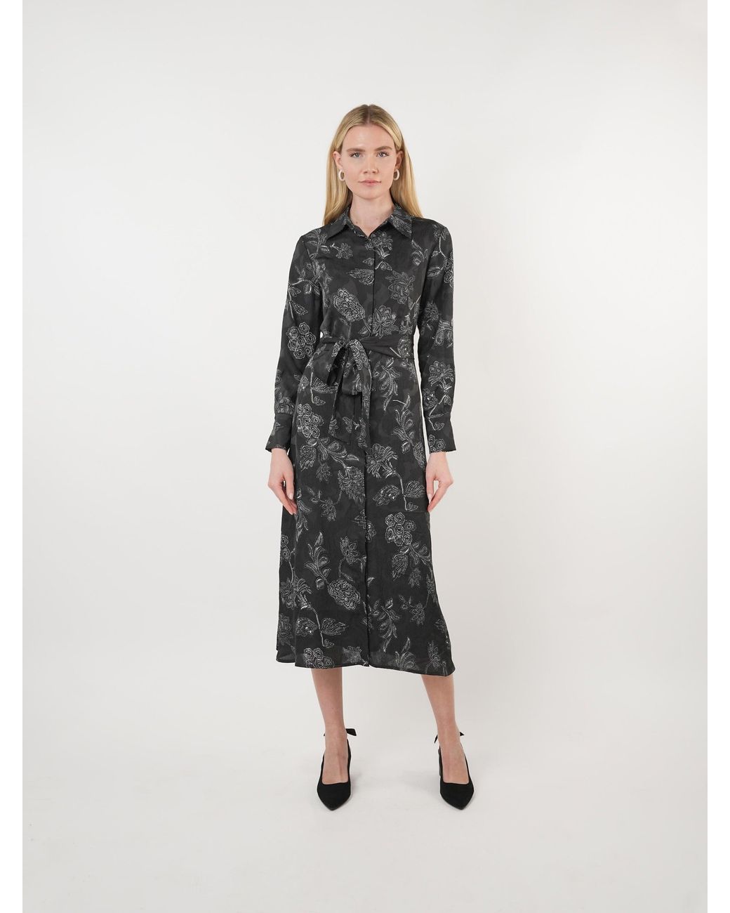 John Abgin Black Georgette Floral Textured Midi Shirt Dress