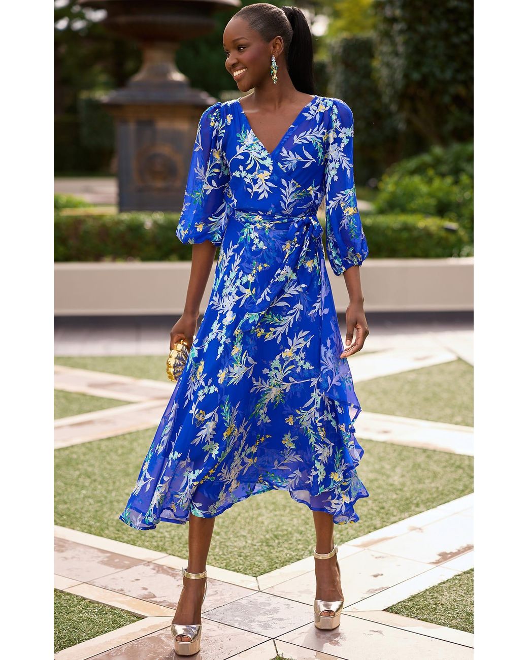 SACHA DRAKE Blue Elspeth Silk Rayon Wrap Midi Dress