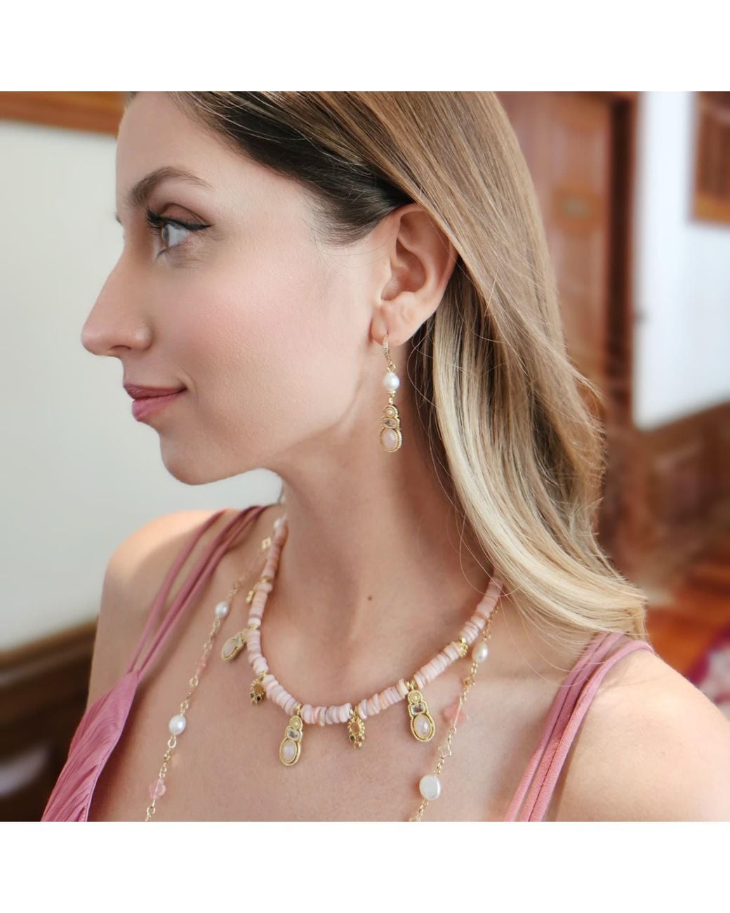 Farra Pink Bohemian Shell With Rose Quartz Pendant Necklace