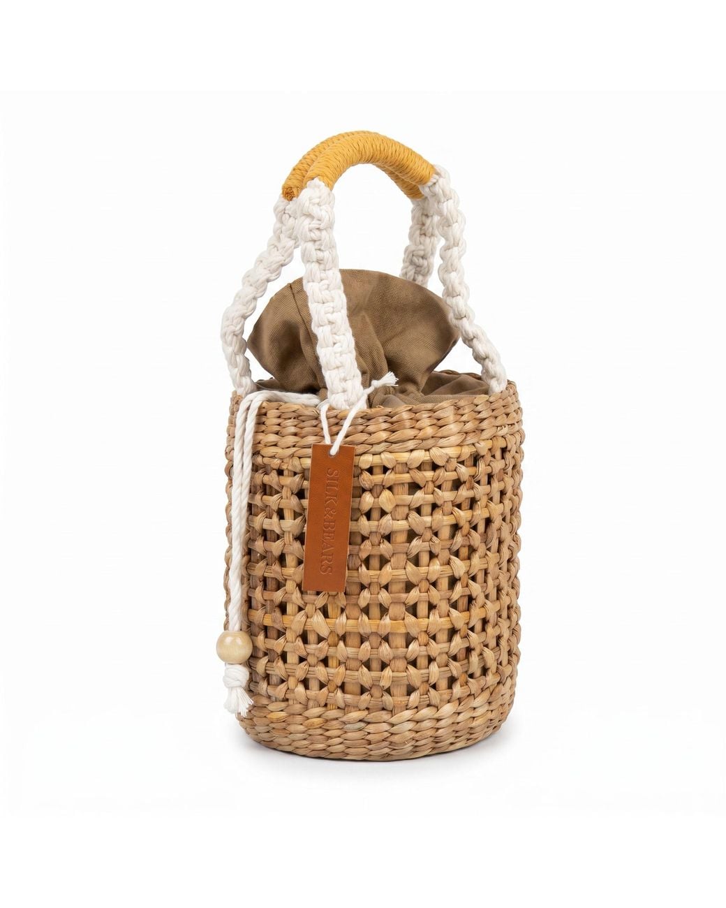 Silk and Bears Metallic Neutrals Lotus Mini Bucket Bag – Handwoven Water Hyacinth