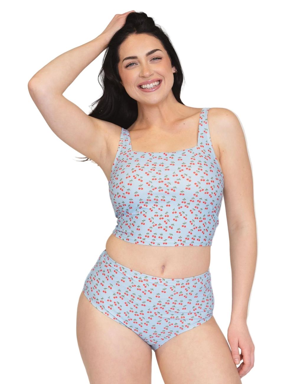 Lime Ricki Swimwear Blue Cherries Square Neck Crop Top