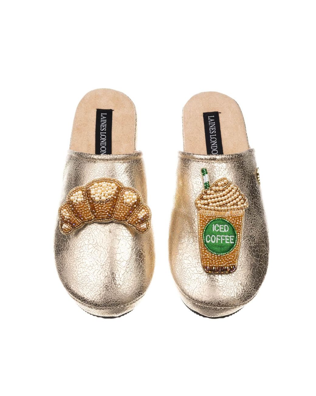 Laines London Metallic Softie Slippers With Iced Coffee & Croissant Brooches