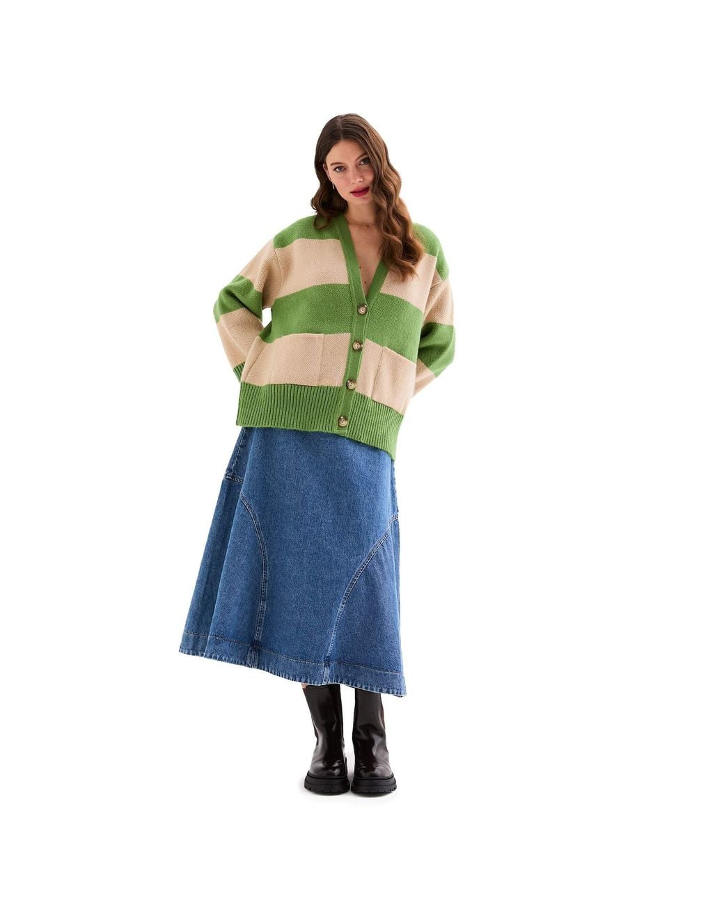 Cara & The Sky Green Candice Chunky Stripe V Neck Button Cardigan