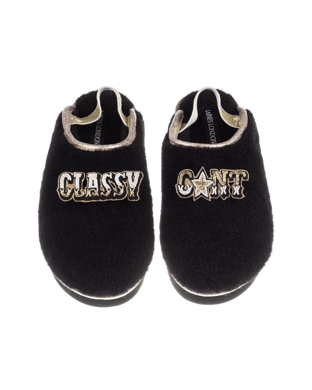 Laines London Black Flatform Cloud Closed Toe Slippers With Classy Cunt Brooches