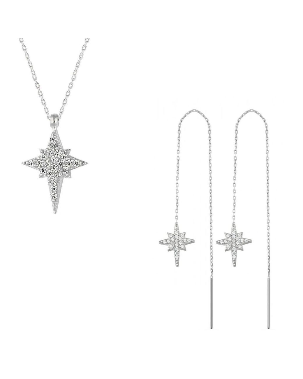 Spero London White Northernstar Starburst Sterling Chain Drop Chain Earrings & Necklace Set